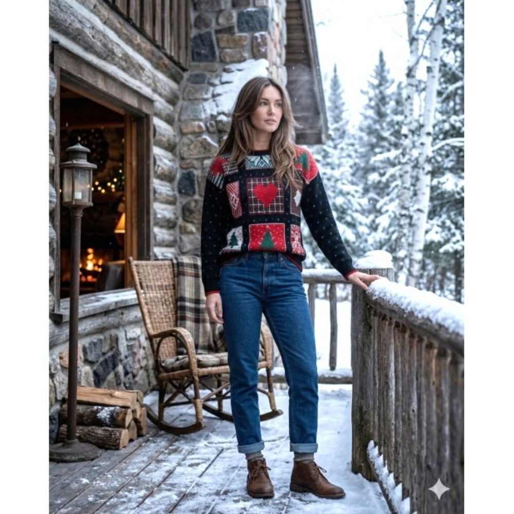 Vintage Christmas Patchwork Intarsia Sweater Women's M Made in‎ USA